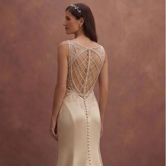 Champagne Satin Wedding Dress with Dramatic Open Back