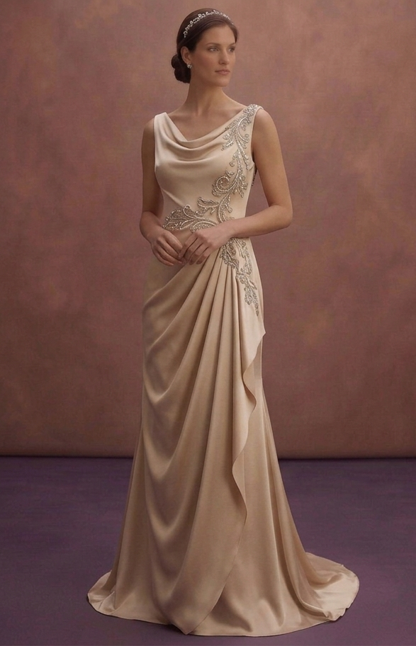 Champagne Satin Wedding Dress with Draped Elegant Skirt