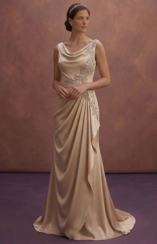 Champagne Satin Wedding Dress with Draped Elegant Skirt