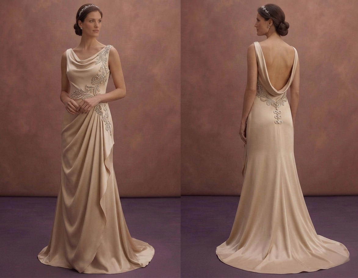 Champagne Satin Wedding Dress with Draped Elegant Skirt