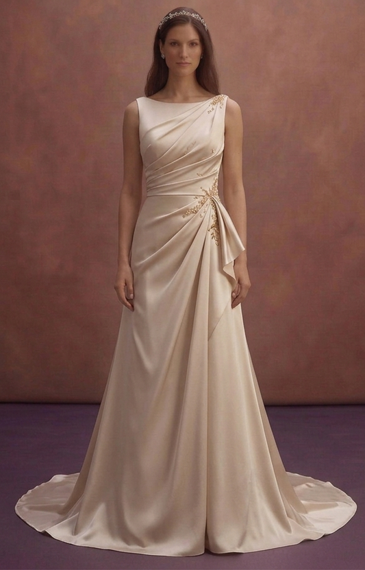 Champagne Satin Wedding Dress with Draped Romantic Bodice