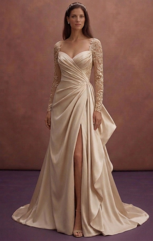 Champagne Satin Wedding Dress with Draped Skirt