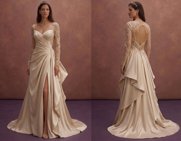 Champagne Satin Wedding Dress with Draped Skirt