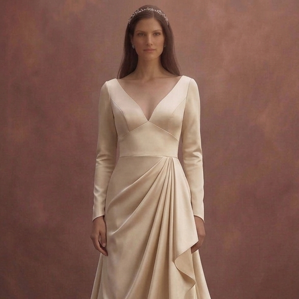 Champagne Satin Wedding Dress with Draped Skirt Style