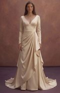 Champagne Satin Wedding Dress with Draped Skirt Style
