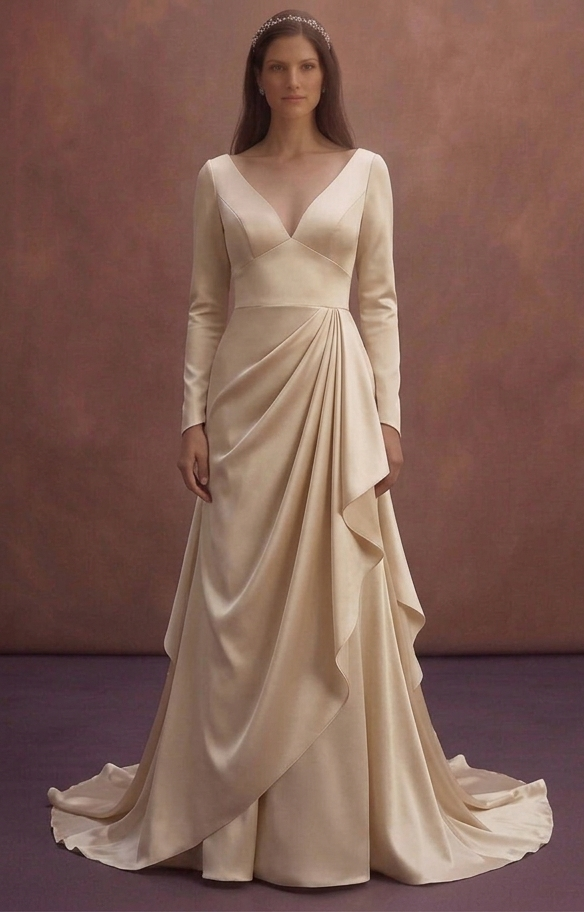Champagne Satin Wedding Dress with Draped Skirt Style