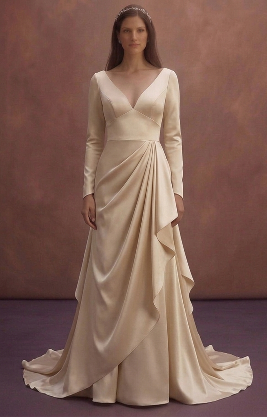 Champagne Satin Wedding Dress with Draped Skirt Style