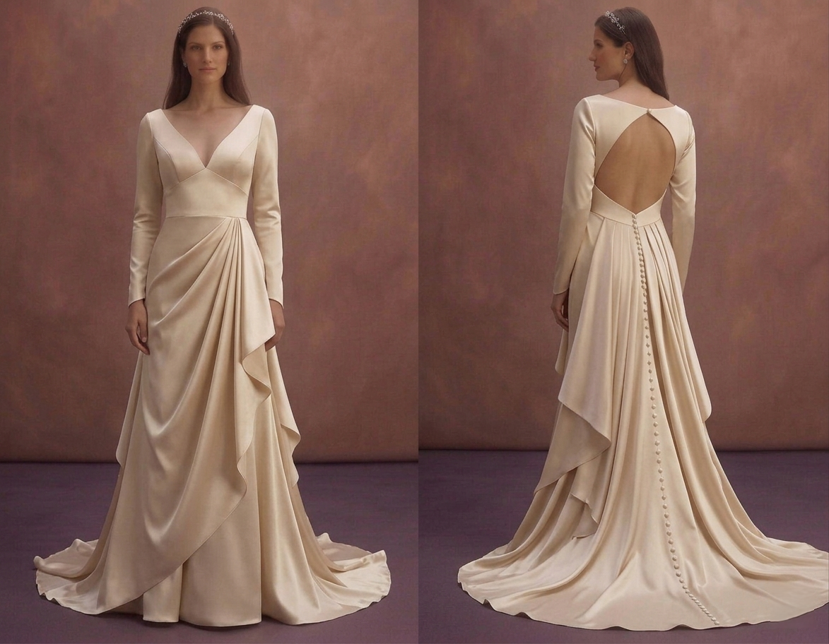 Champagne Satin Wedding Dress with Draped Skirt Style