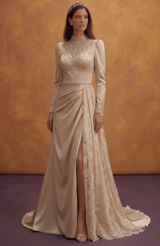 Champagne Satin Wedding Dress with High Neck Design
