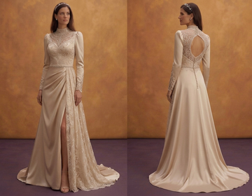 Champagne Satin Wedding Dress with High Neck Design