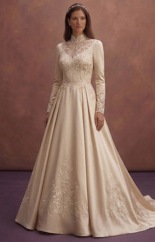 Champagne Satin Wedding Dress with High Neck Elegance