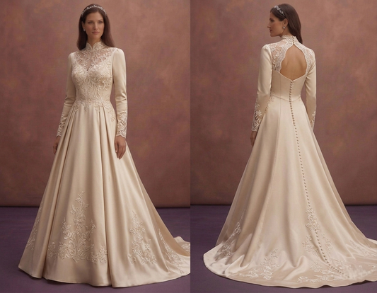 Champagne Satin Wedding Dress with High Neck Elegance
