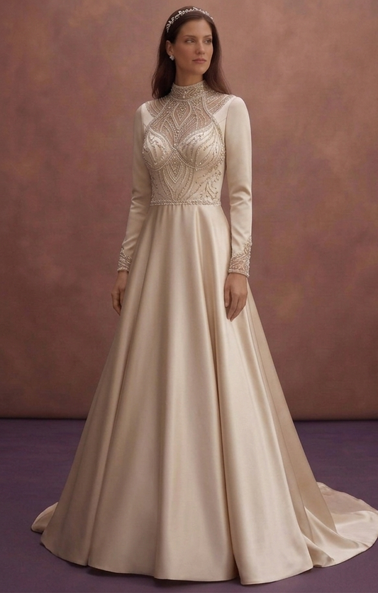 Champagne Satin Wedding Dress with High Neck Elegance