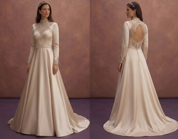 Champagne Satin Wedding Dress with High Neck Elegance