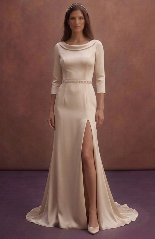 Champagne Satin Wedding Dress with High Slit Design