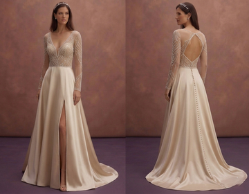 Champagne Satin Wedding Dress with High Slit Feature