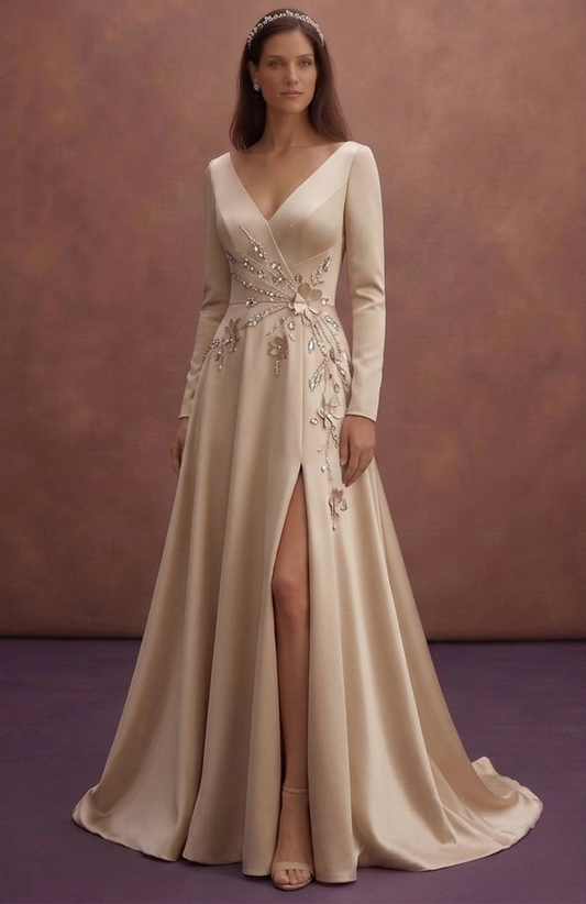 Champagne Satin Wedding Dress with High Slit Modern Style