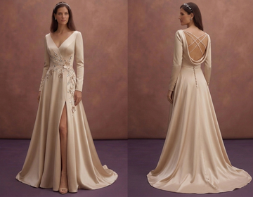 Champagne Satin Wedding Dress with High Slit Modern Style