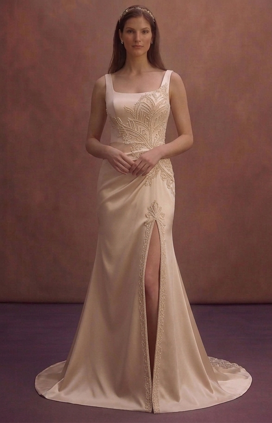 Champagne Satin Wedding Dress with Modern Side Slit