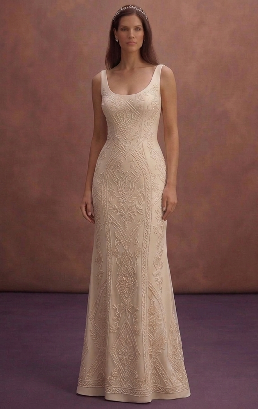 Champagne Sheath Wedding Dress with Elegant Scoop Neck