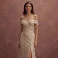 Champagne Sparkle Wedding Dress with Elegant Off-Shoulder Cut