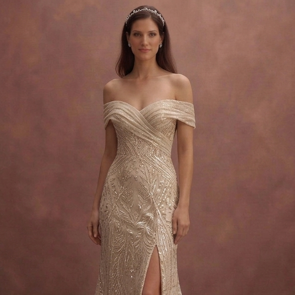Champagne Sparkle Wedding Dress with Elegant Off-Shoulder Cut
