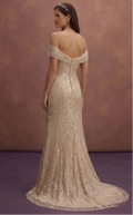 Champagne Sparkle Wedding Dress with Elegant Off-Shoulder Cut