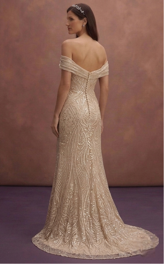 Champagne Sparkle Wedding Dress with Elegant Off-Shoulder Cut