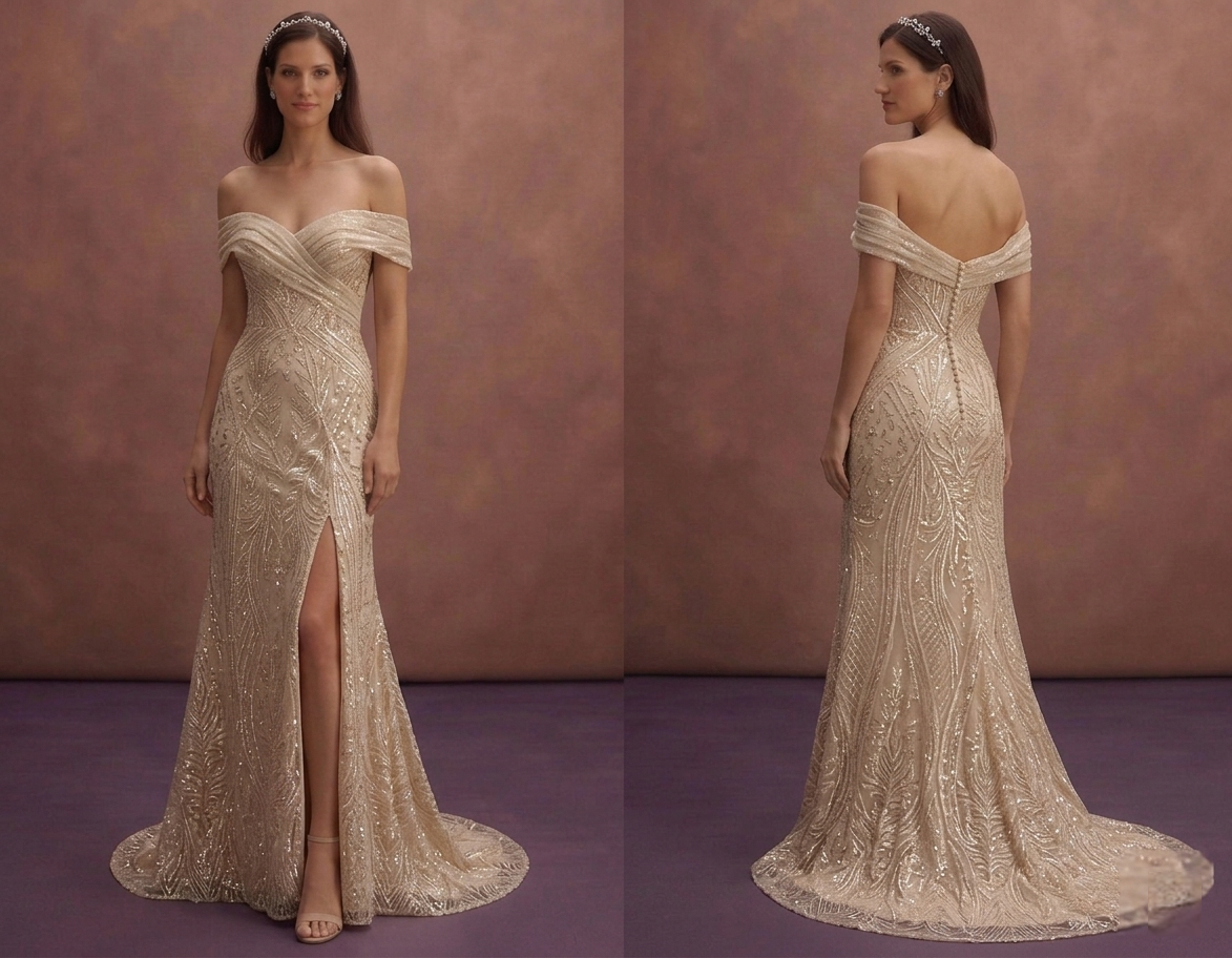 Champagne Sparkle Wedding Dress with Elegant Off-Shoulder Cut