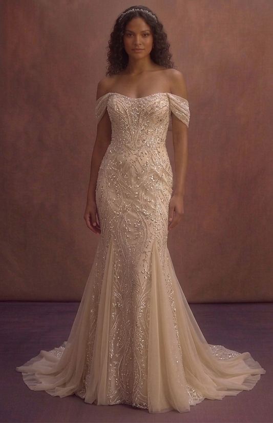 Champagne Sparkle Wedding Dress with Off-Shoulder Design