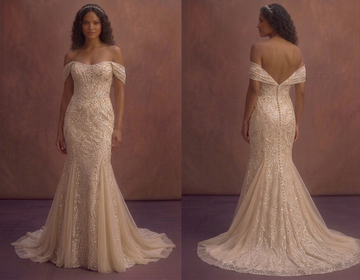 Champagne Sparkle Wedding Dress with Off-Shoulder Design