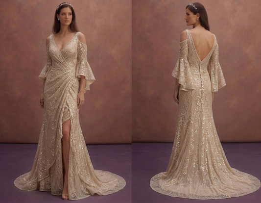 Champagne Sparkle Wedding Dress with Off Shoulder Style