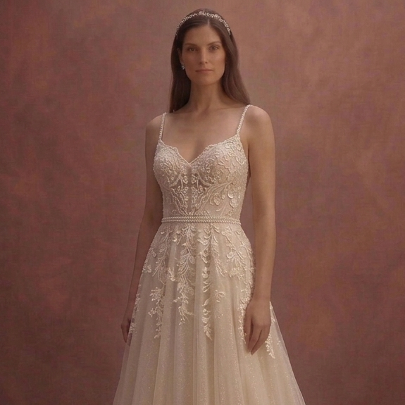 Champagne Tulle Bridal Dress with Soft Glitter Finish