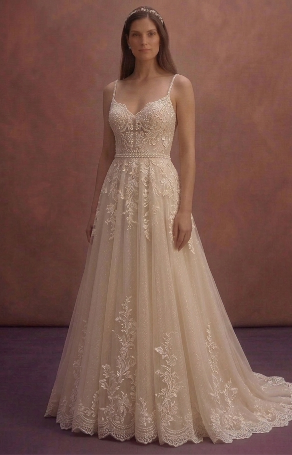 Champagne Tulle Bridal Dress with Soft Glitter Finish