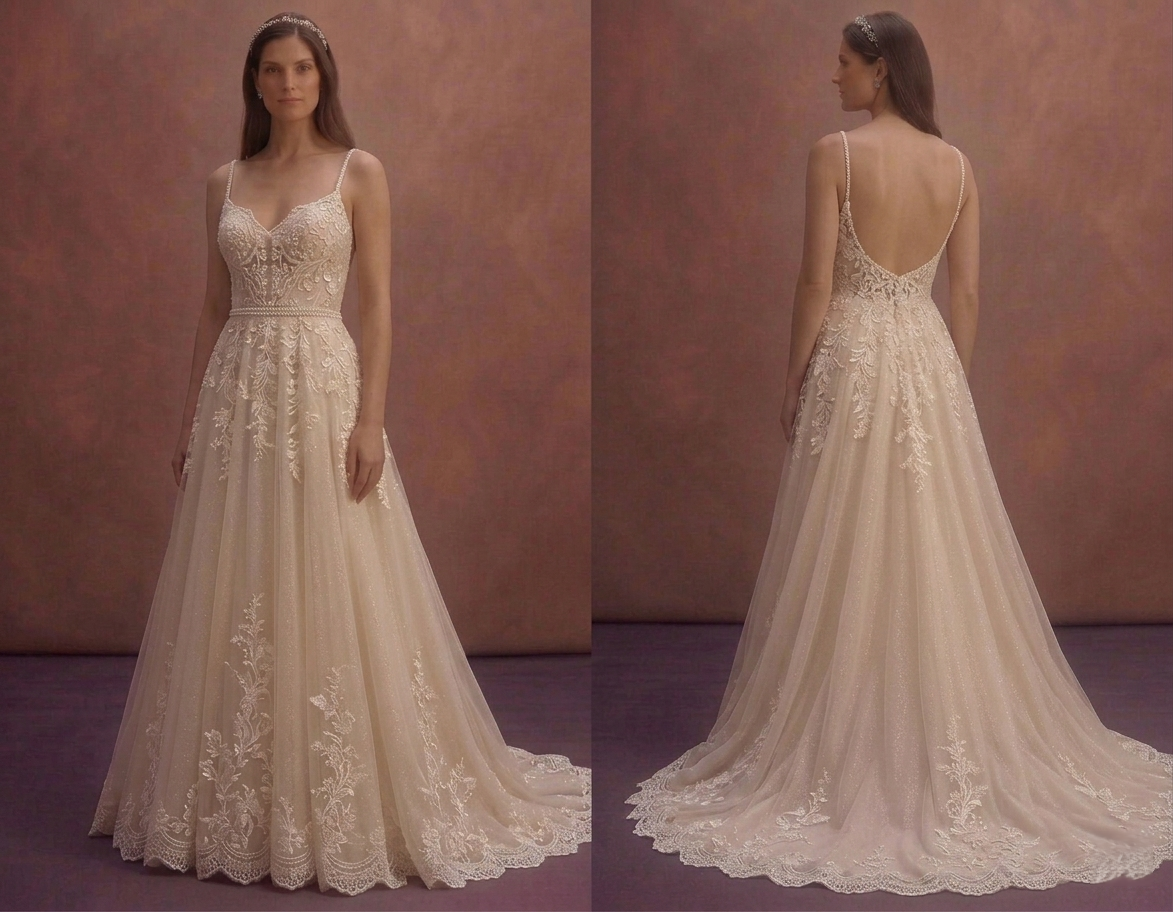 Champagne Tulle Bridal Dress with Soft Glitter Finish