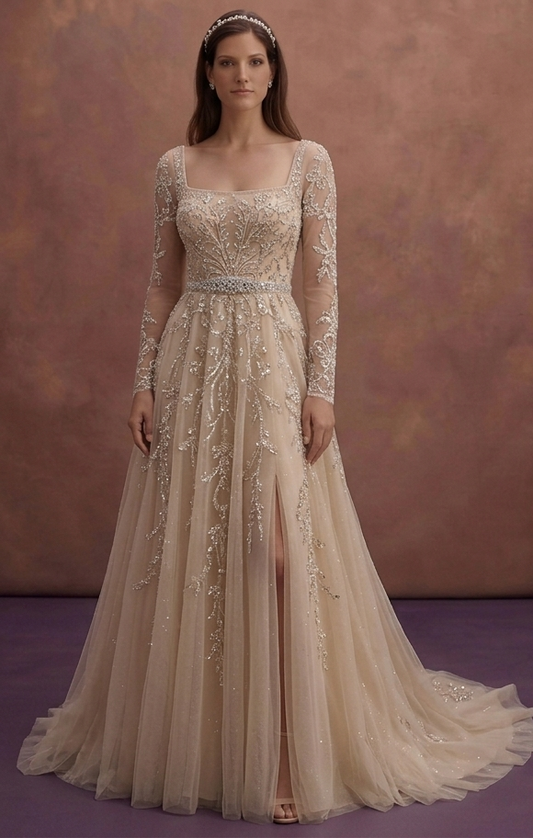 Champagne Tulle Wedding Dress with Sparkling Embroidery