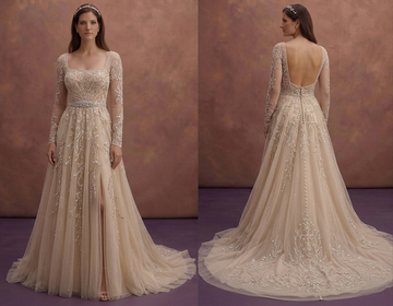 Champagne Tulle Wedding Dress with Sparkling Embroidery