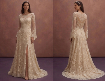 Champagne Vintage Lace Wedding Dress with Elegant Sleeves