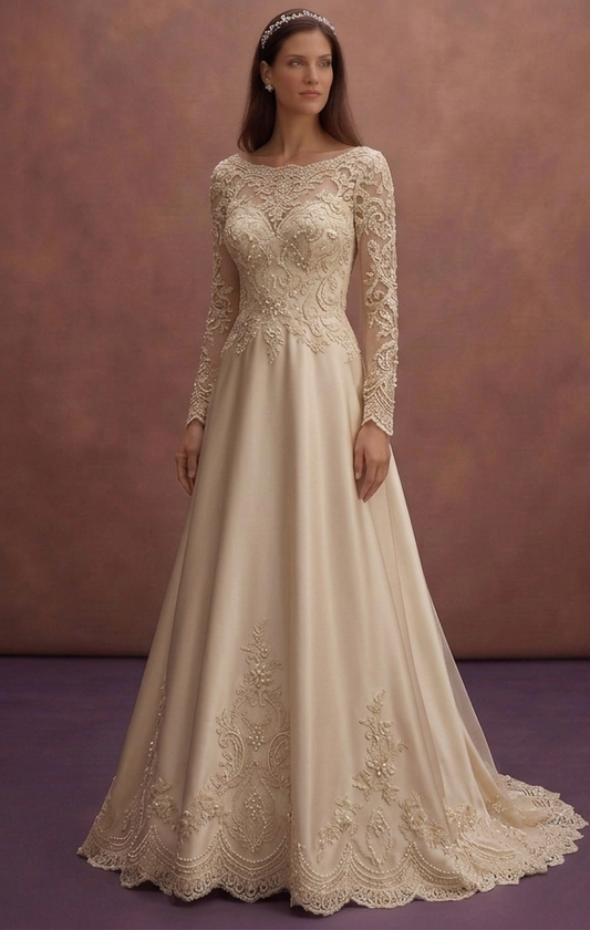 Champagne Vintage Lace Wedding Dress with Long Sleeve Elegance