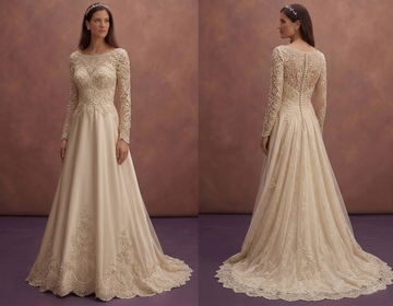 Champagne Vintage Lace Wedding Dress with Long Sleeve Elegance