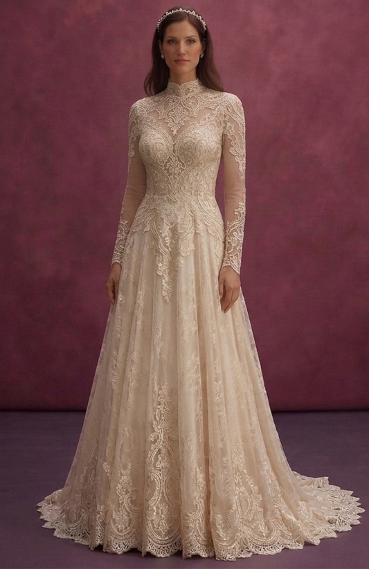 Champagne Vintage Lace Wedding Dress with Sleeves