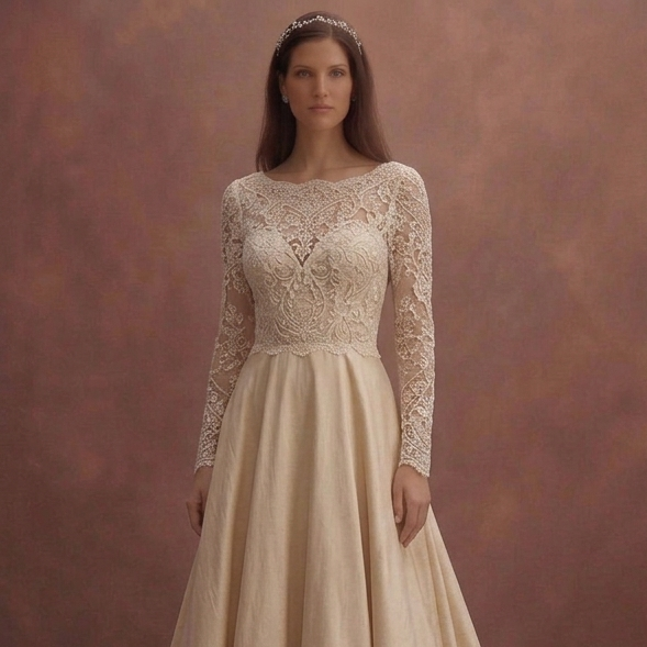 Champagne Vintage Wedding Dress with Lace Bodice