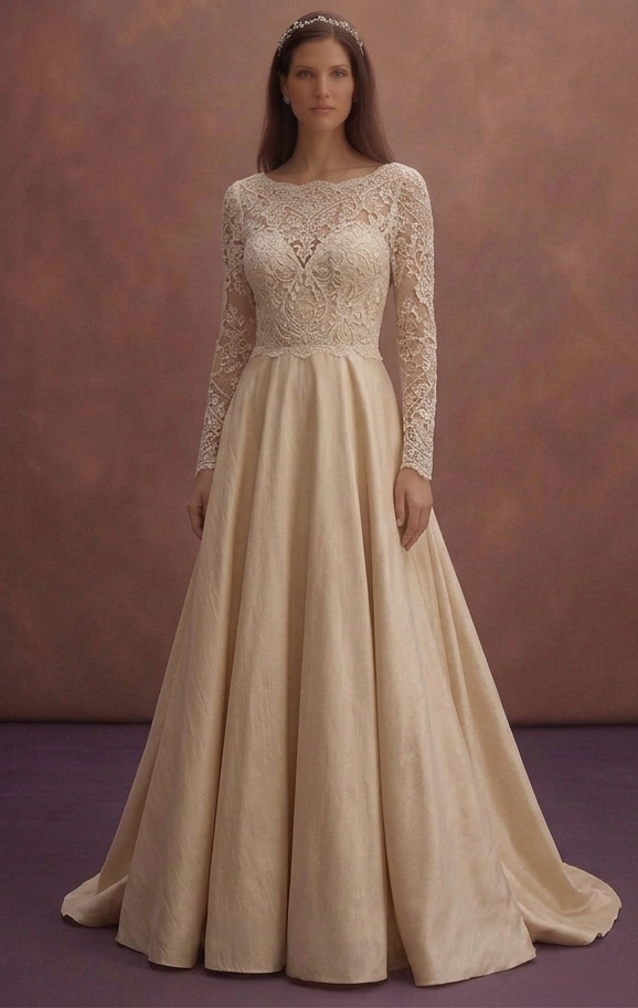 Champagne Vintage Wedding Dress with Lace Bodice