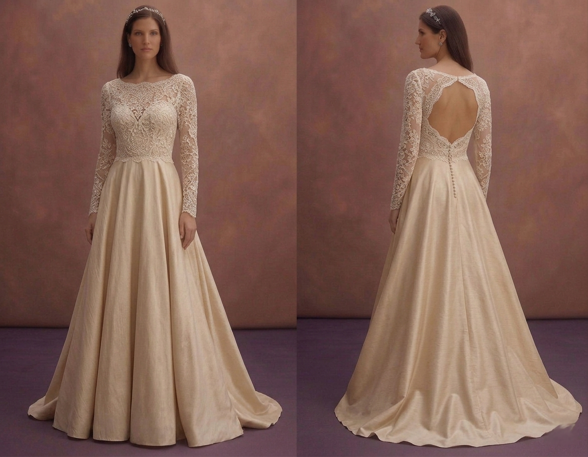 Champagne Vintage Wedding Dress with Lace Bodice