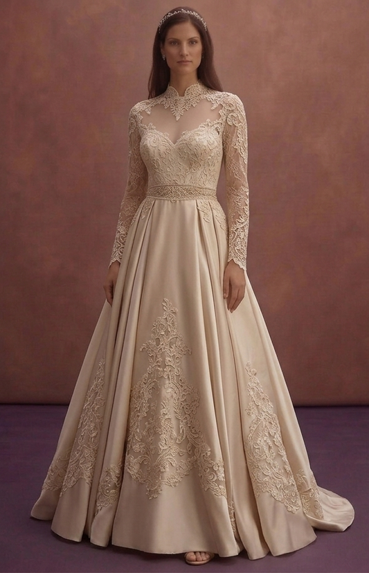 Champagne Vintage Wedding Dress with Lace Details
