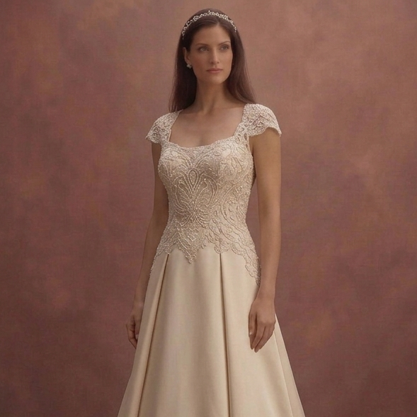 Champagne Vintage Wedding Dress with Lace Embellished Bodice