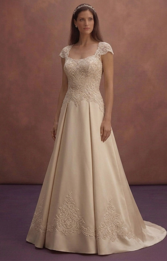 Champagne Vintage Wedding Dress with Lace Embellished Bodice