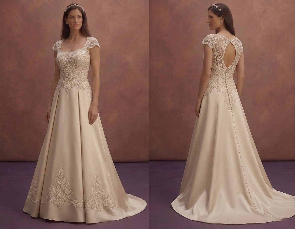 Champagne Vintage Wedding Dress with Lace Embellished Bodice