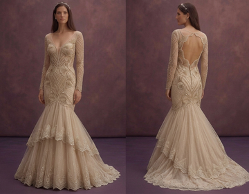 Champagne Elegant Wedding Dress with Open Back Silhouette