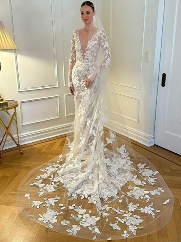 Lovingress Elegant Deep V Neck Mermaid Wedding Dress Long Sleeves Lace Applicants Brudklänning Illusion Train de Mariée